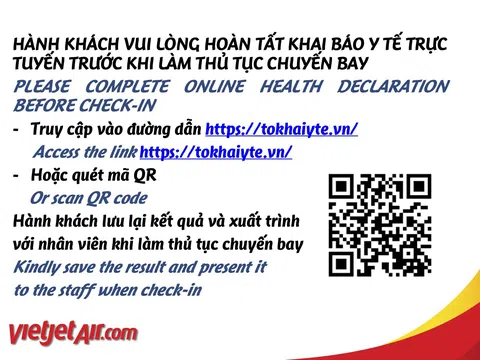 Vietjet thông báo về việc khai báo y tế trước chuyến bay tại website http://tokhaiyte.vn